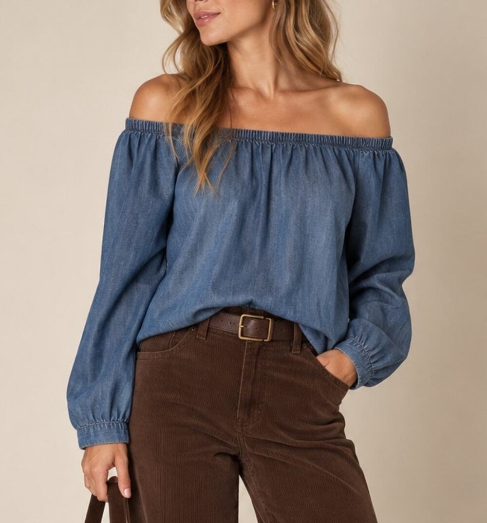 Bella Dahl Womens Off Shoulder Denim Top XS Blue Chambray Fall Western Boho 90s